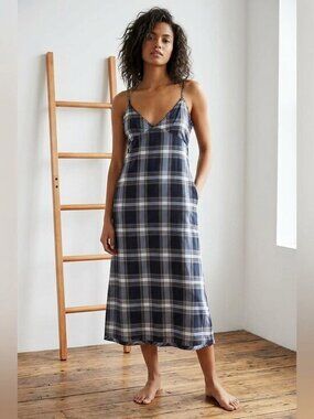 MOUSSY vintage Japan preppy Plaid Satin Slip Dress - Navy/White size medium